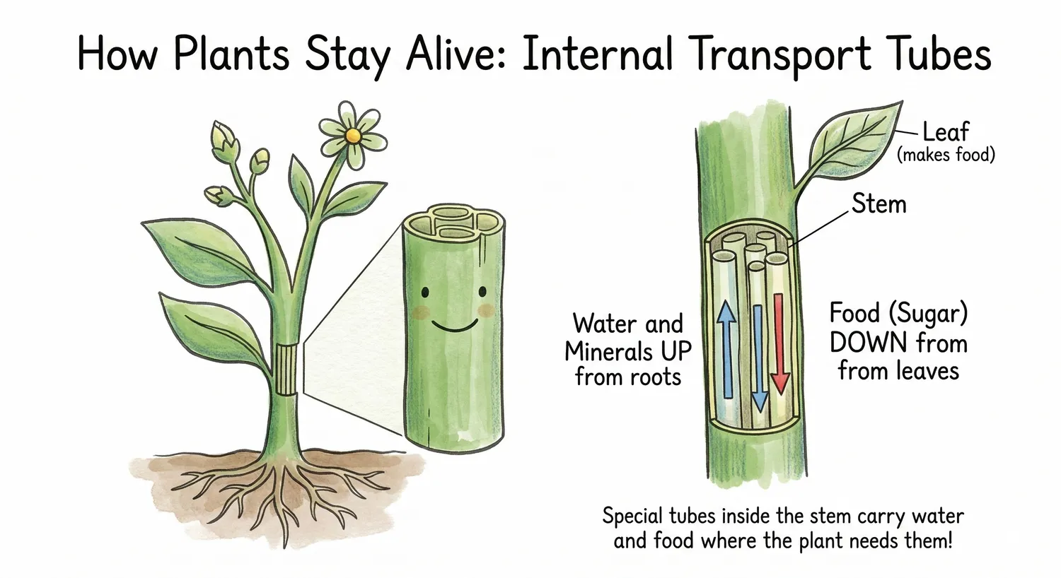 Plant diagram showing internal tubes carrying water and food.