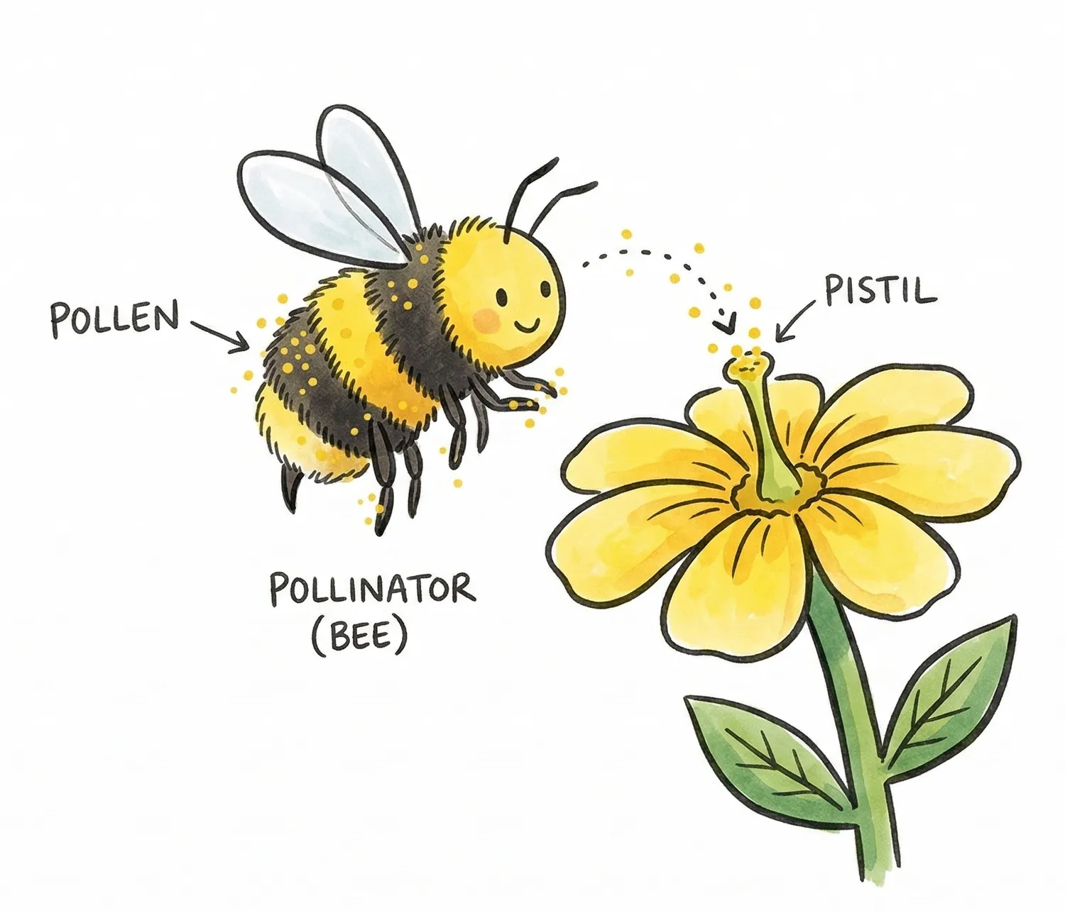 Bee carrying pollen to a flower's pistil.