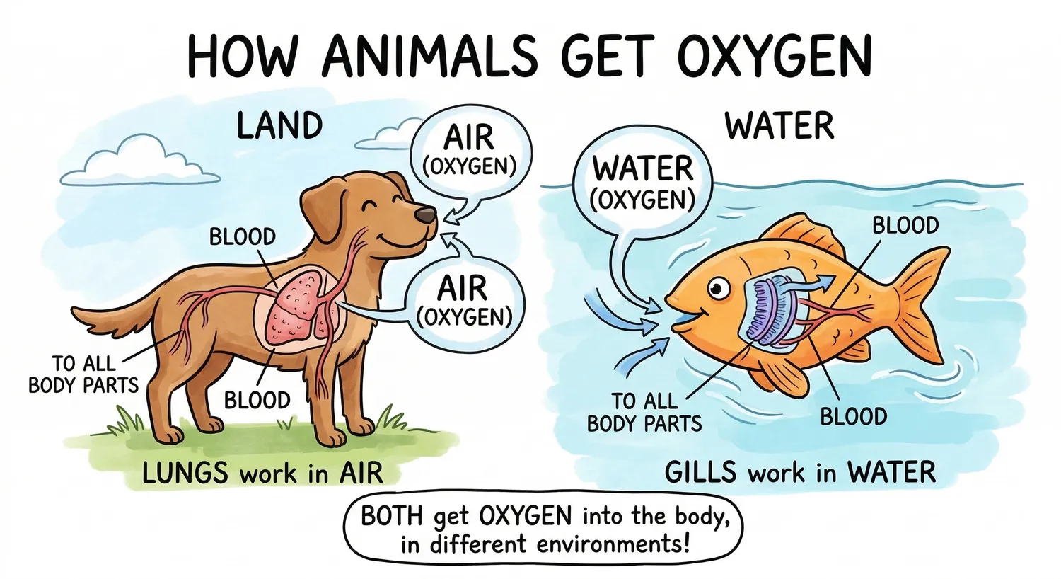 Dog using lungs; fish using gills.