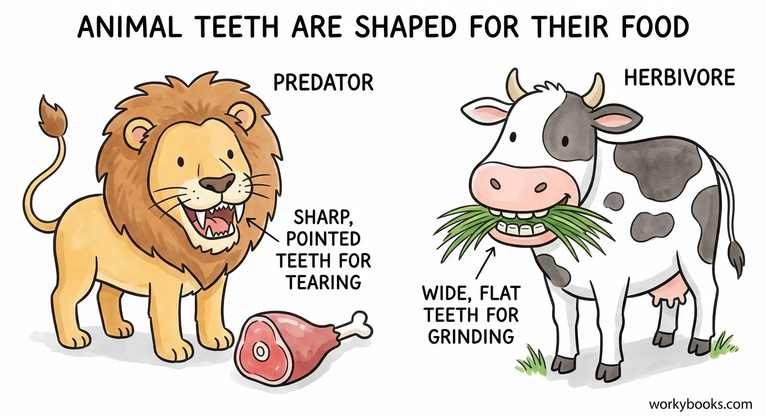 Sharp predator teeth versus flat herbivore teeth.