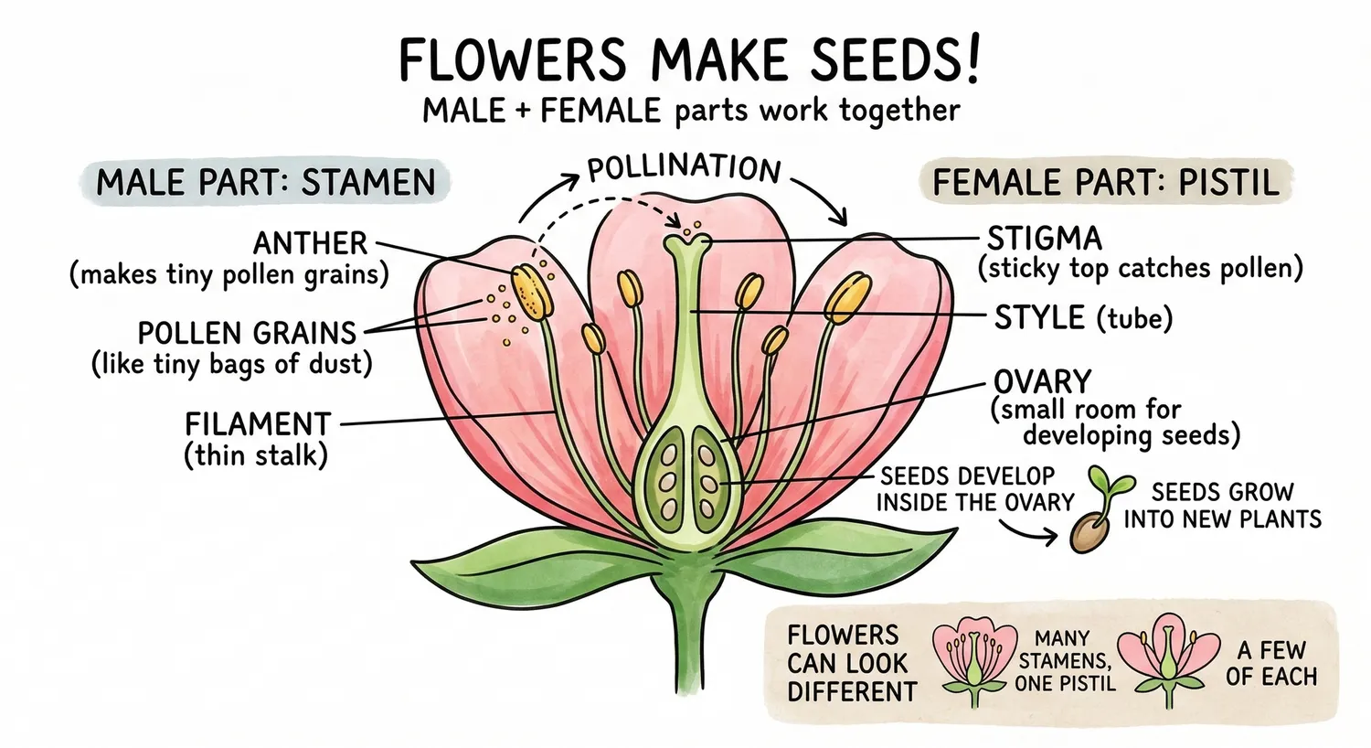Labeled flower anatomy diagram.
