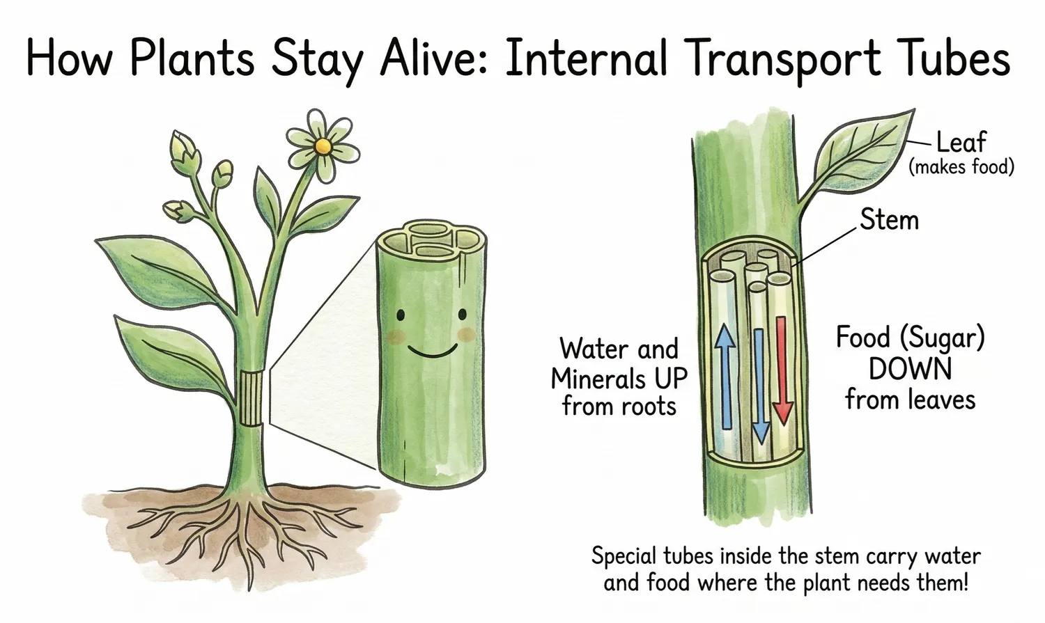 Plant diagram showing internal tubes carrying water and food.