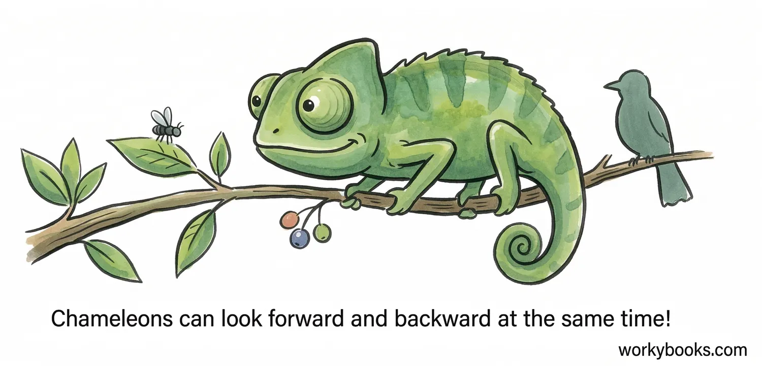 Watercolor illustration of a chameleon looking forward and backward simultaneously.