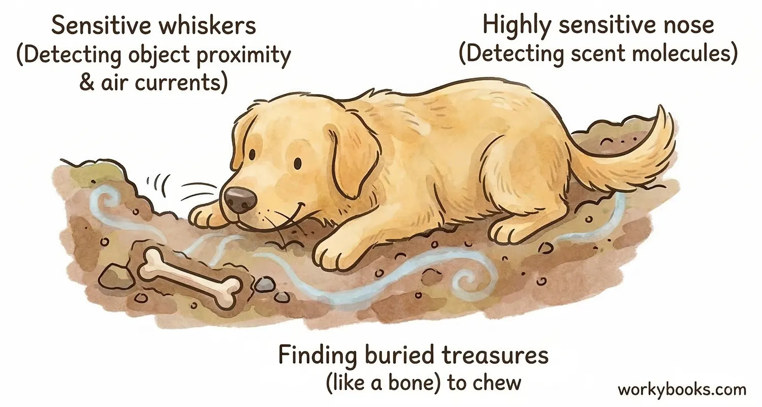Diagram of a puppy using sensitive nose and whiskers to find a bone.