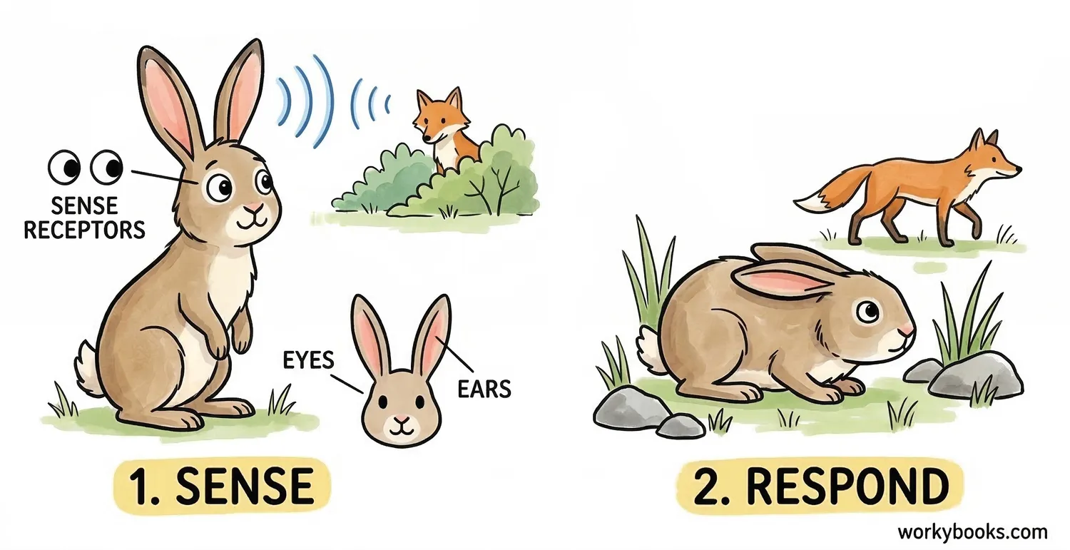 Rabbit sensing a fox and responding by freezing to stay safe.
