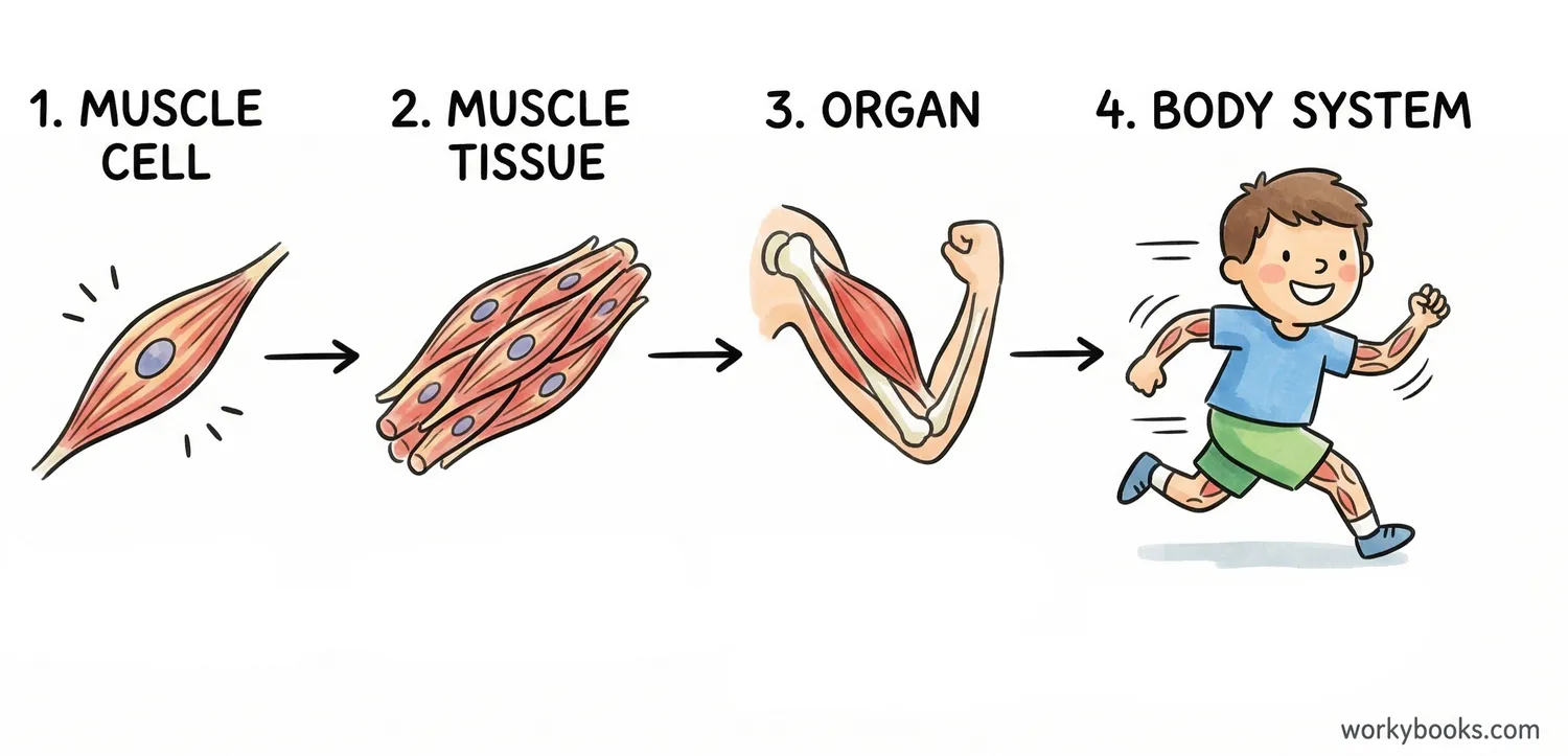 Diagram showing muscle cell to tissue, organ, and full body system.