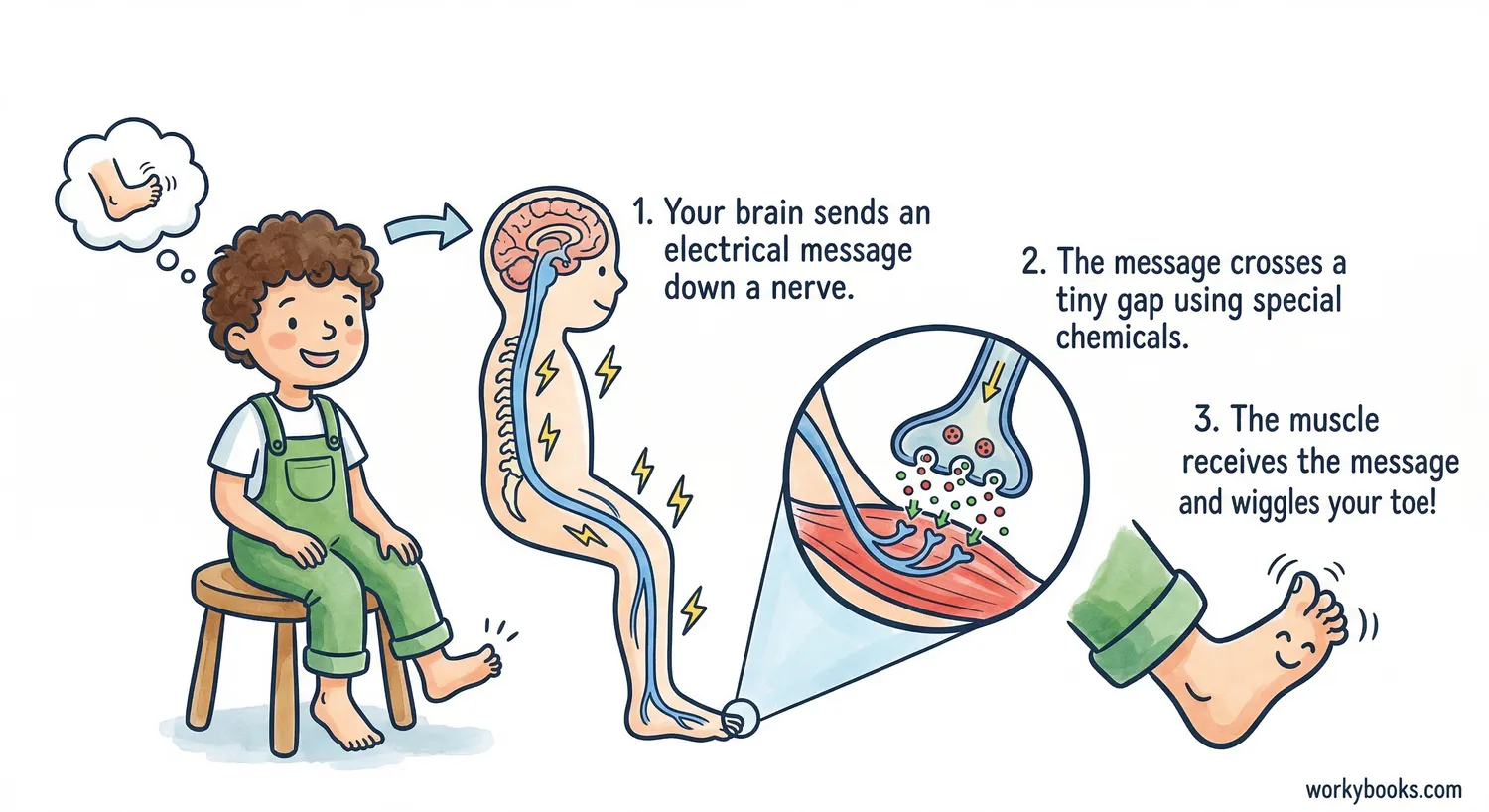 Illustration showing a brain sending a message down nerves to wiggle a toe.