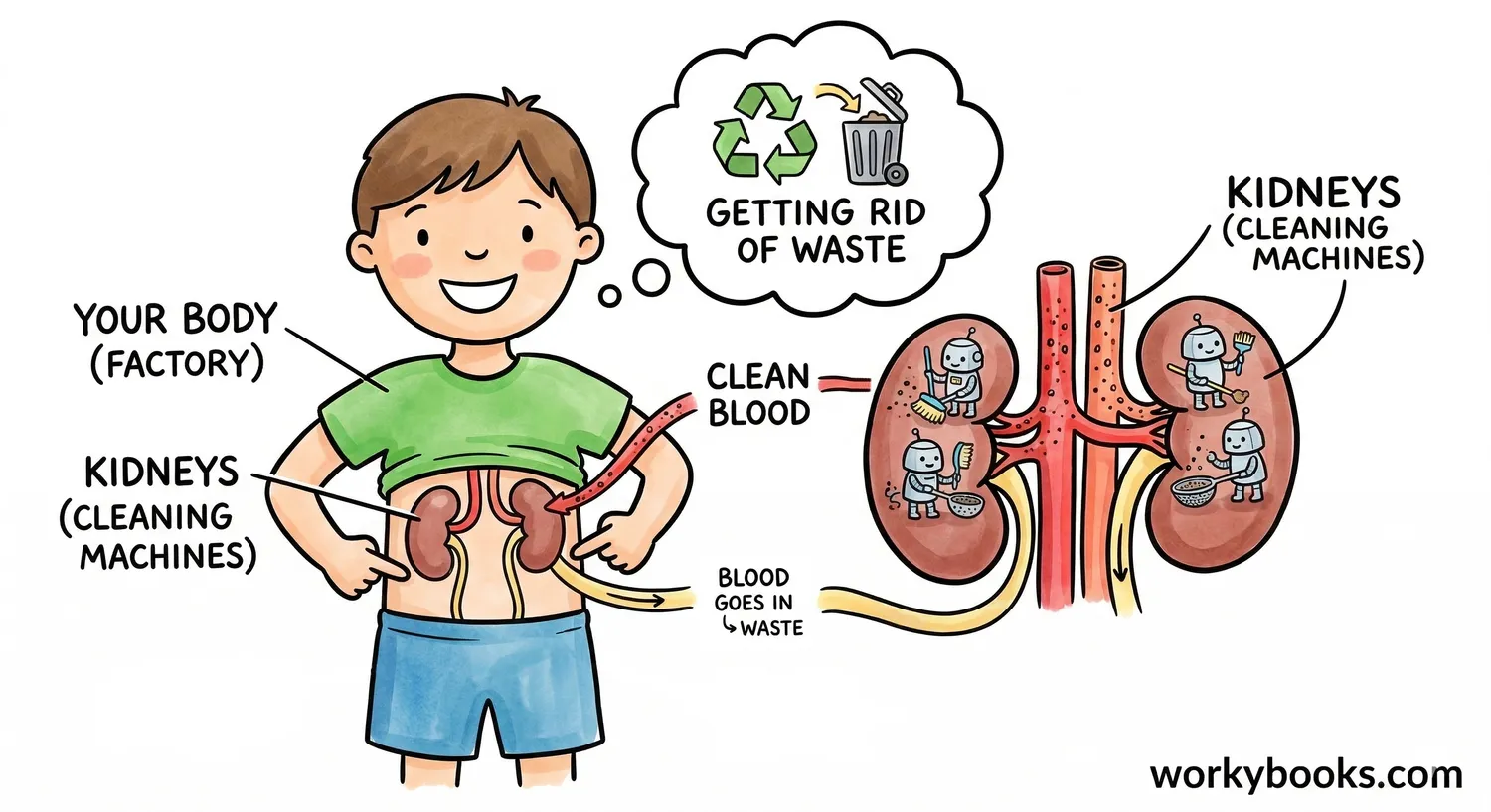 Illustration of kidneys filtering blood and removing waste as urine.