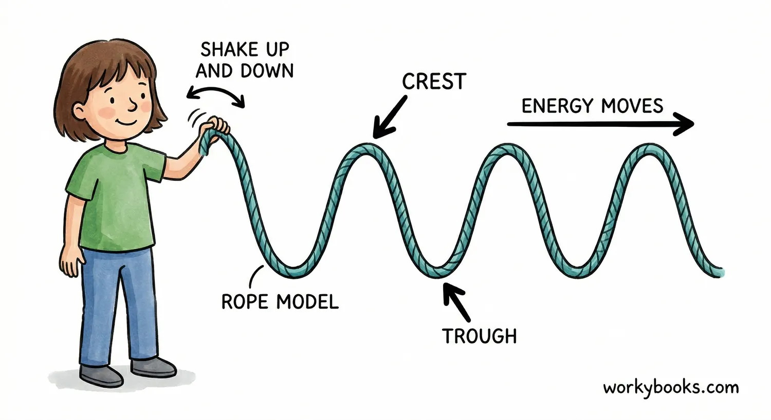 Child shaking a rope to show wave crests and troughs.