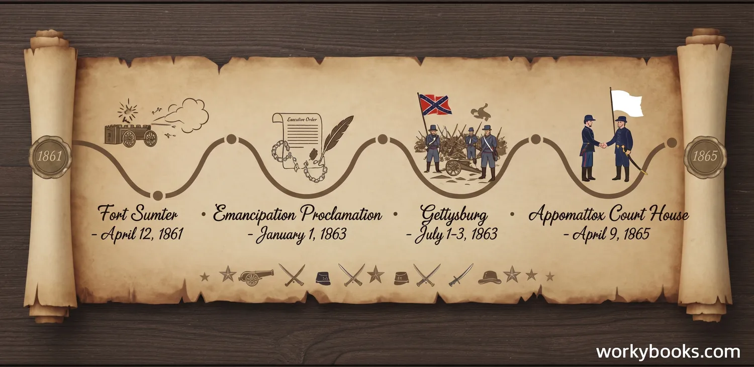 Civil War timeline showing major events from 1861 to 1865