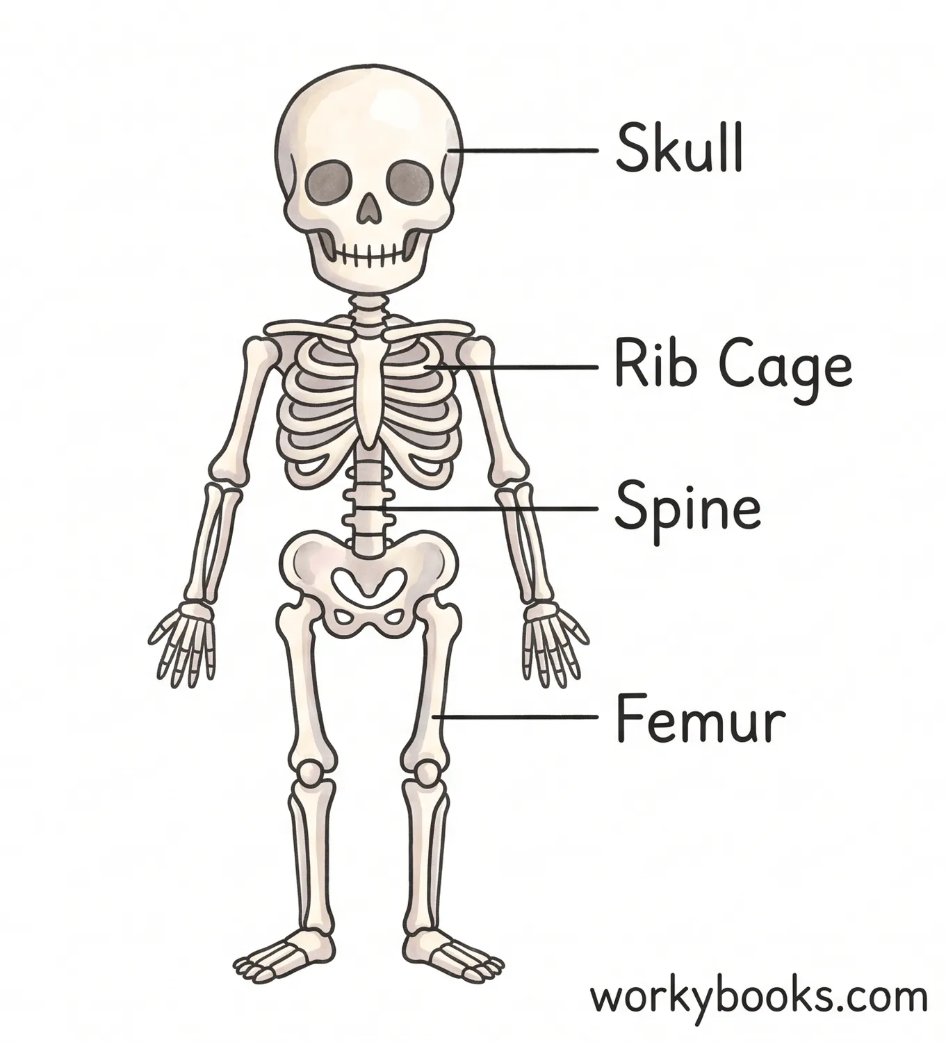 Diagram of the human skeleton with major bones labeled
