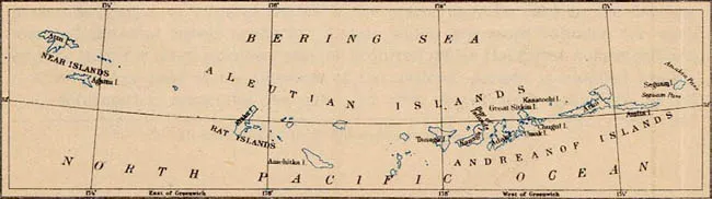 Map showing Aleutian Islands stretching from Alaska to Russia across the Bering Sea