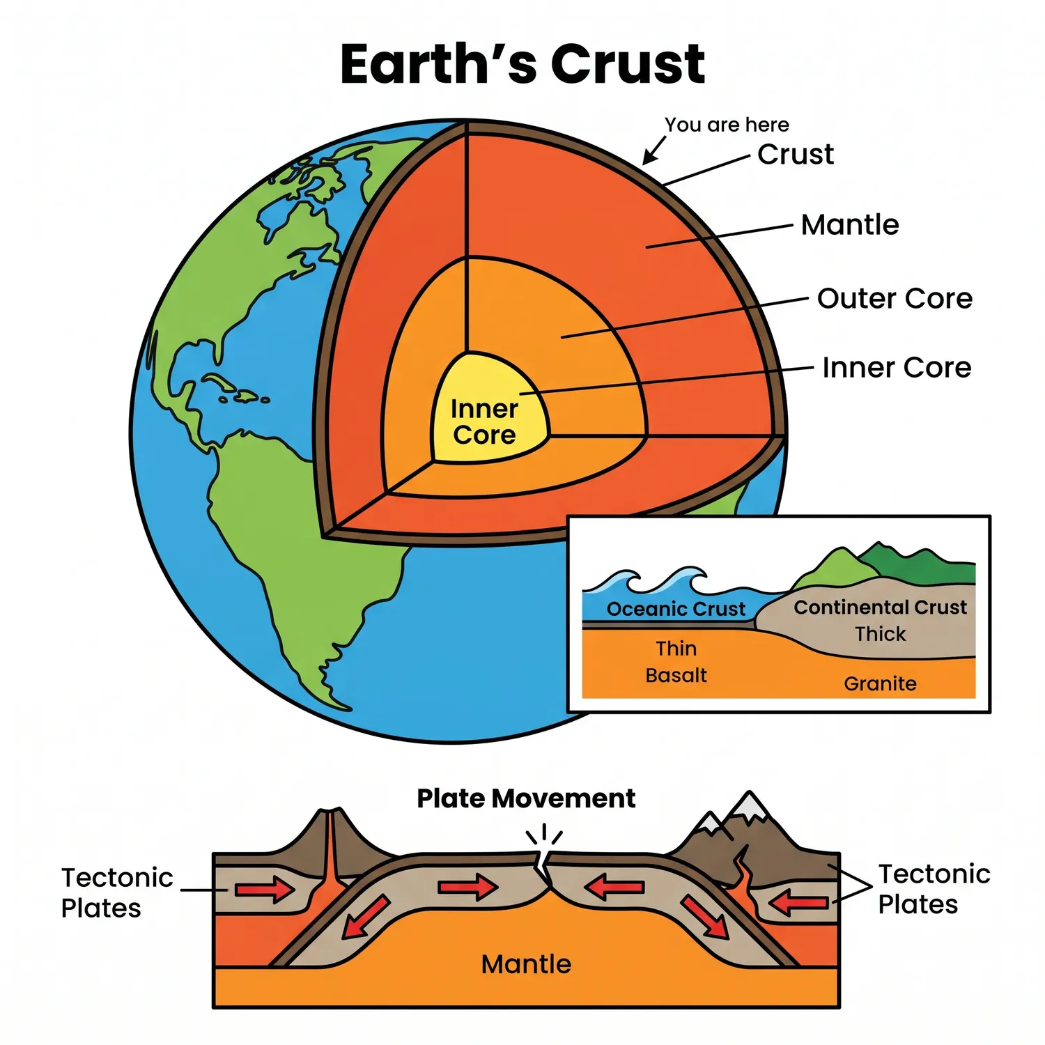 Earth's crust diagram showing layers, tectonic plates, oceanic and continental crust.