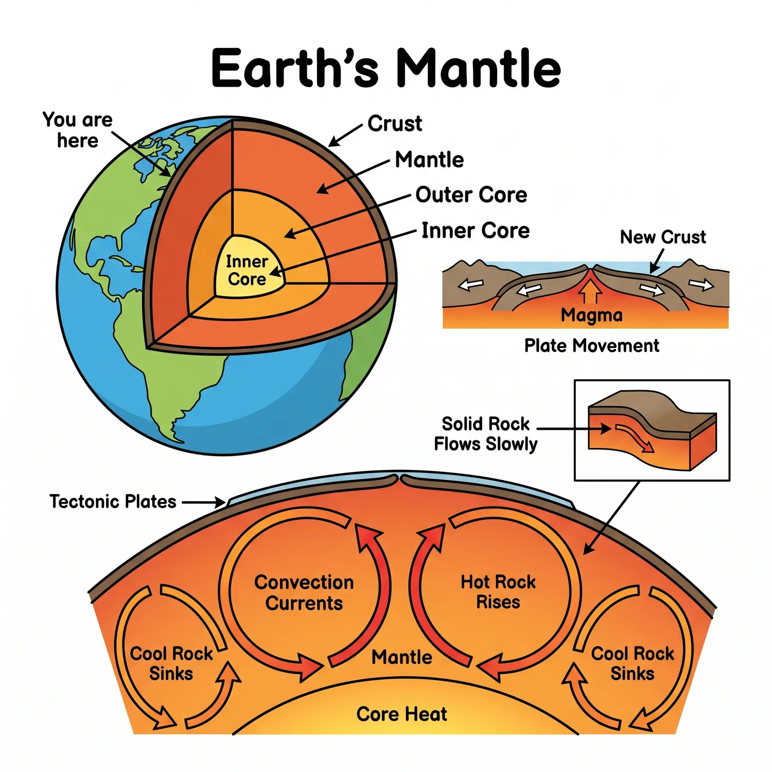 Earth's mantle diagram showing convection currents, tectonic plates, and Earth's interior layers.