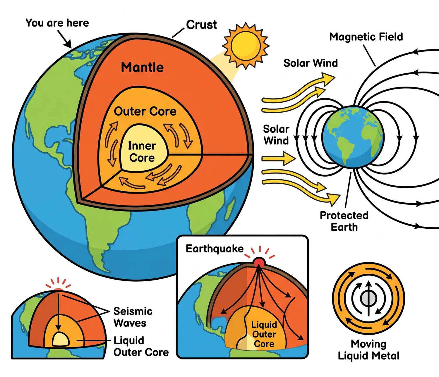 Earth's outer core diagram showing magnetic field, solar wind, and seismic waves.