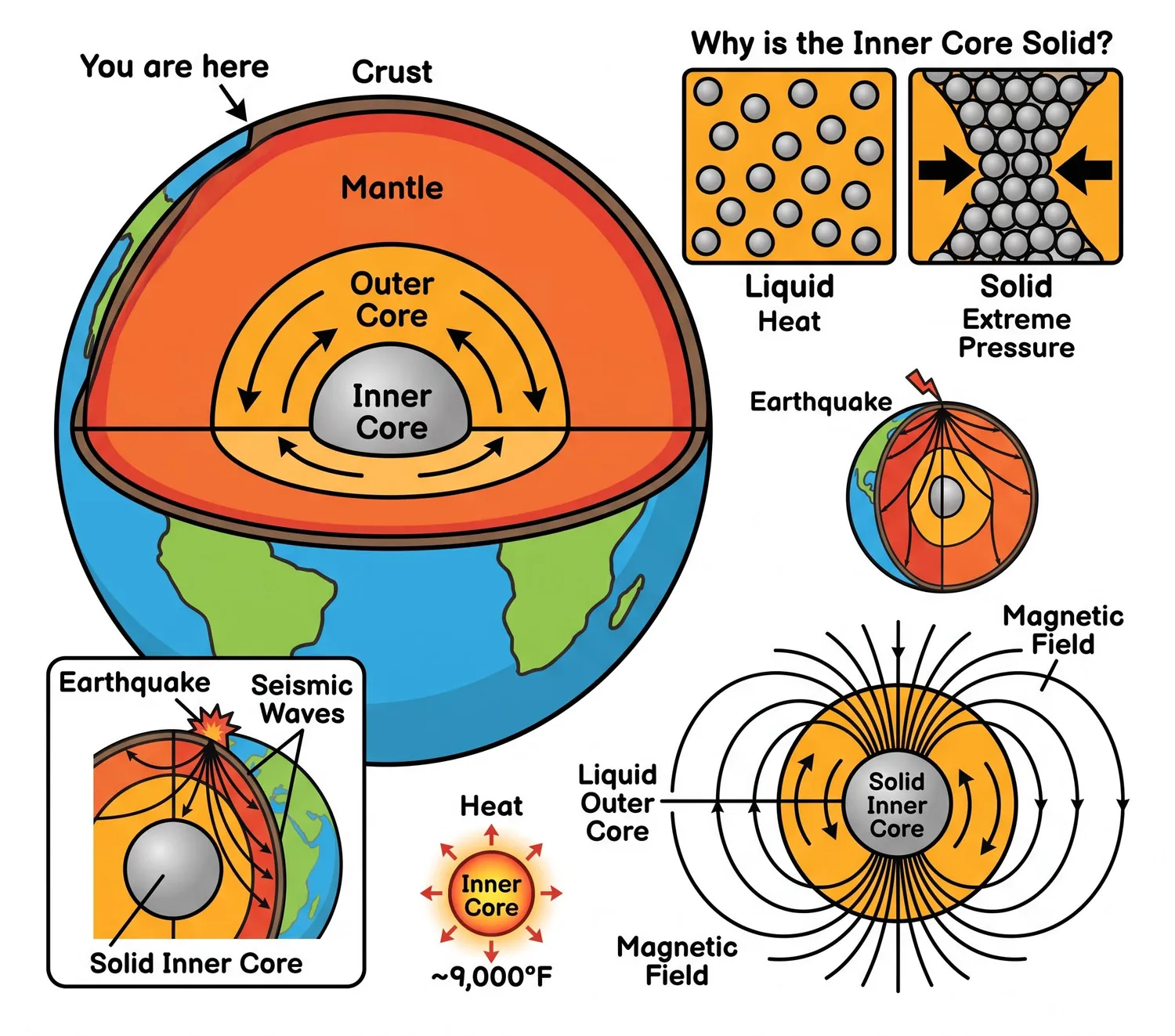 Earth's inner core diagram showing pressure, seismic waves, and magnetic field generation.