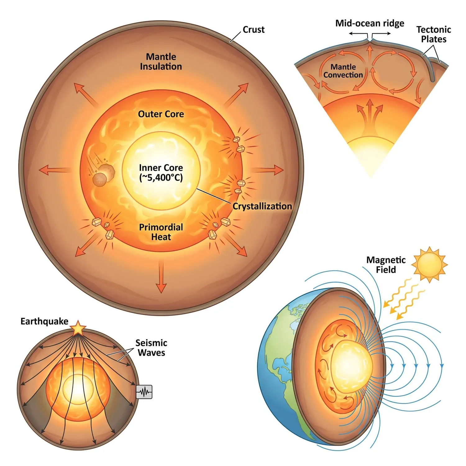 Earth's internal heat sources showing primordial heat, radioactive decay, mantle convection, plate tectonics