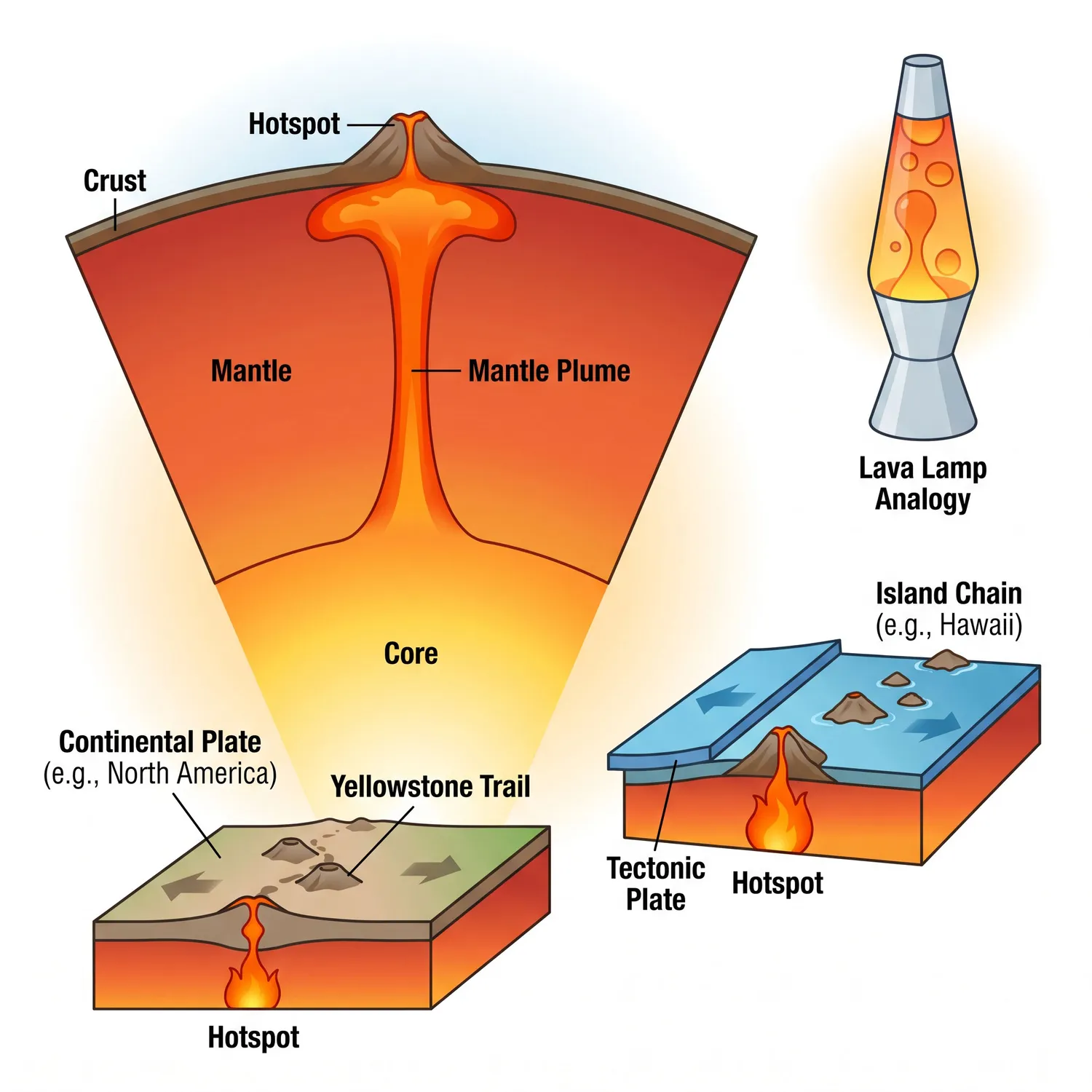 Mantle plume creates hotspot volcanoes beneath moving tectonic plates forming island chains