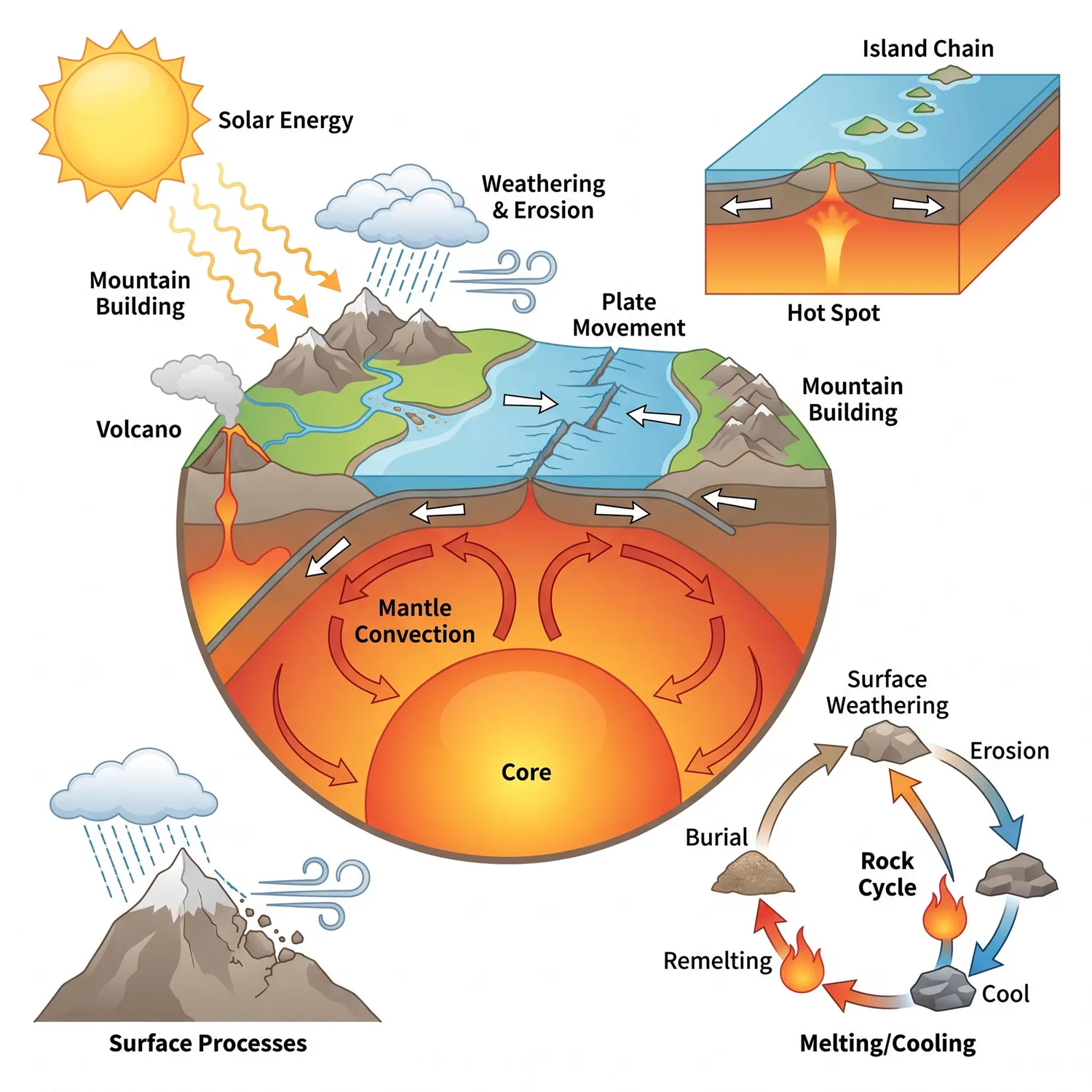 Earth's internal heat and solar energy driving geological processes and rock cycle