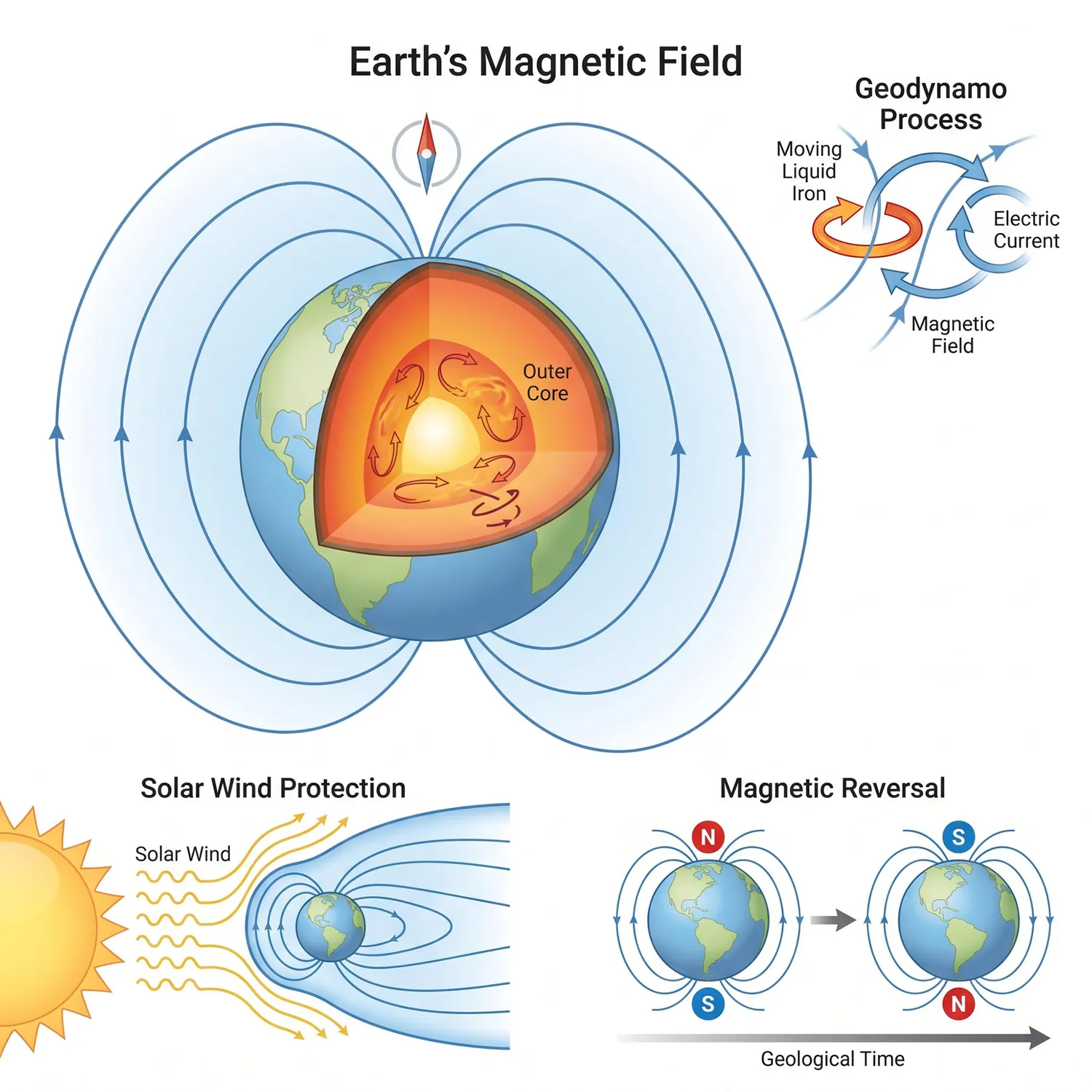 Earth's magnetic field generated by the geodynamo inside the liquid outer core