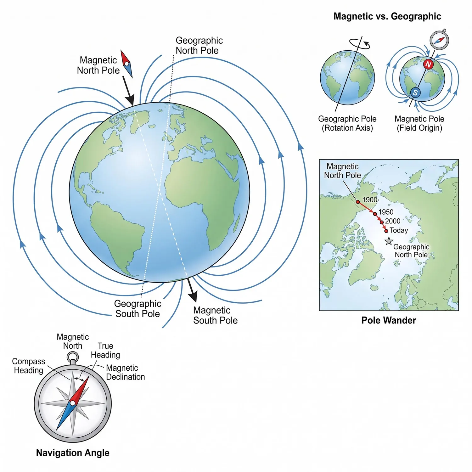 Earth's magnetic and geographic poles with magnetic field and compass navigation