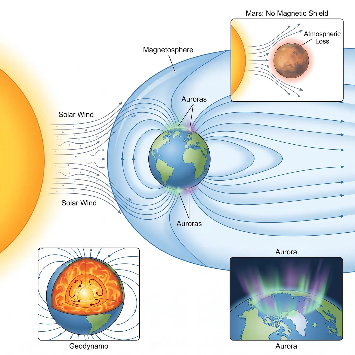 Earth's magnetosphere deflects solar wind and protects the atmosphere from radiation