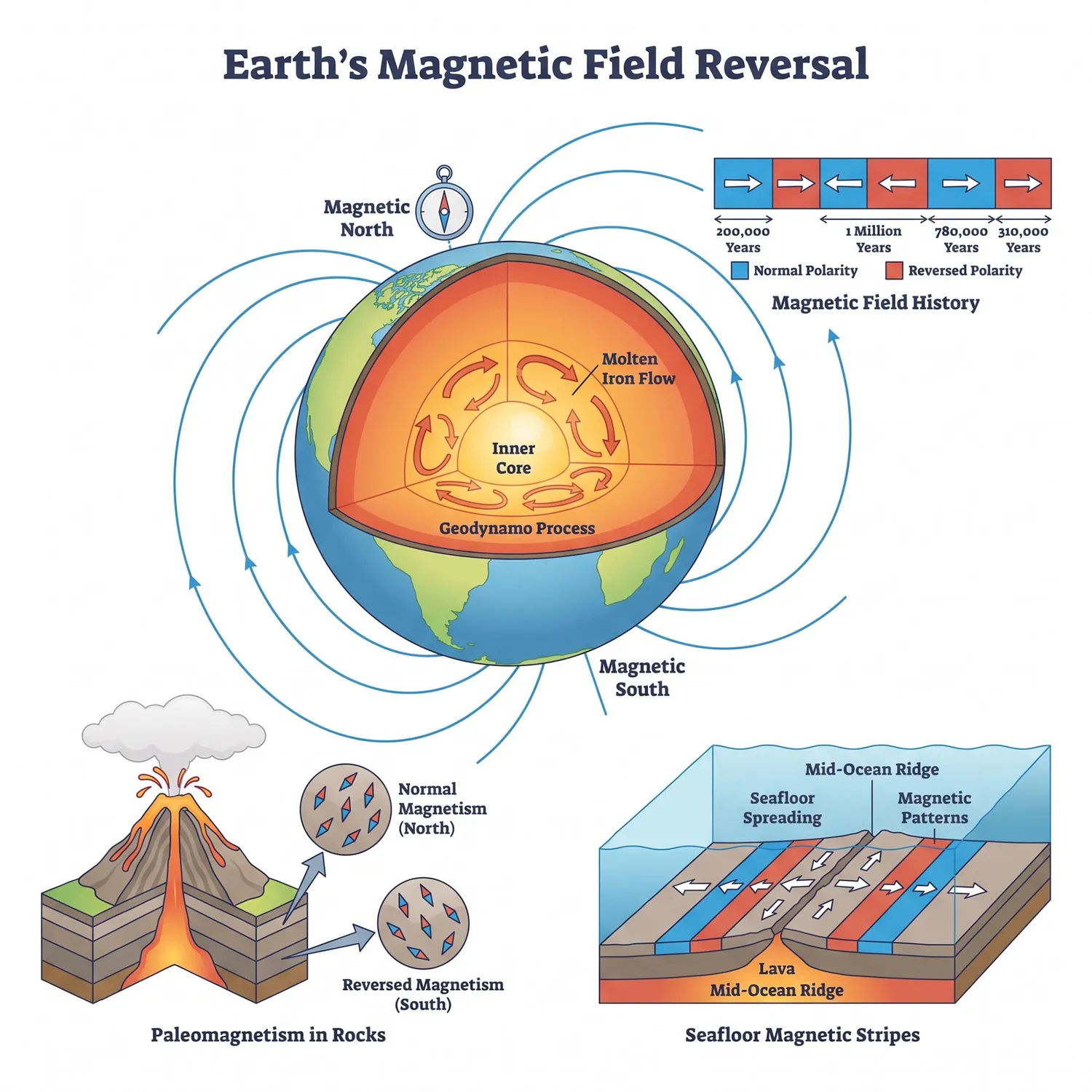 Earth magnetic field reversal showing geodynamo, paleomagnetism, and seafloor magnetic stripes