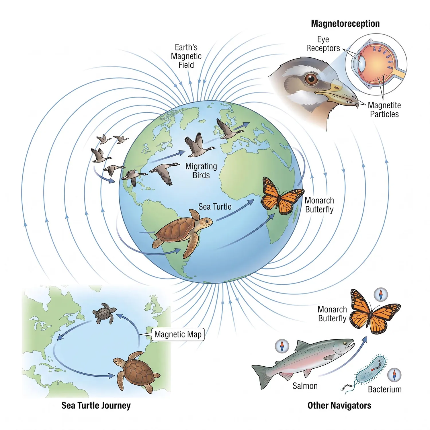Animals navigate using Earth's magnetic field through magnetoreception during migration
