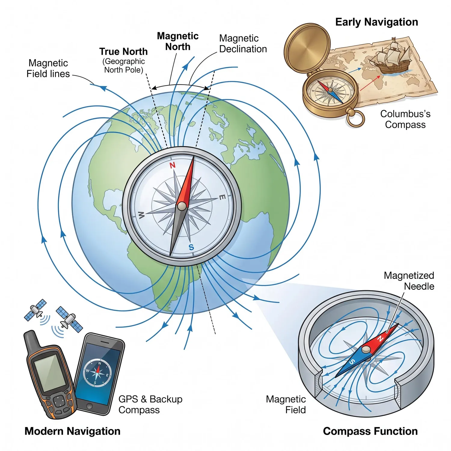 Earth's magnetic field guiding compass navigation with magnetic declination and GPS backup