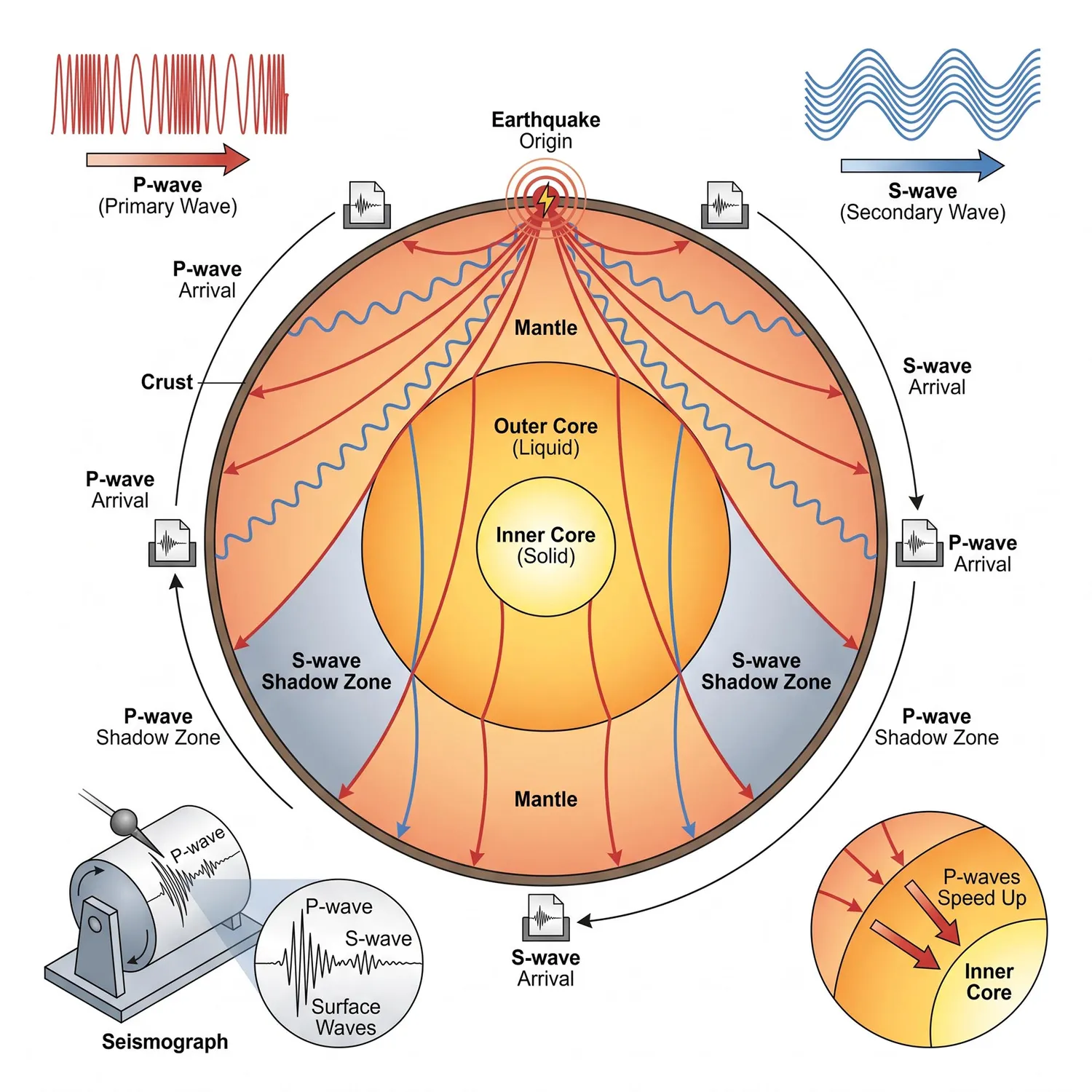 Seismic waves revealing Earth's internal layers and liquid outer core structure