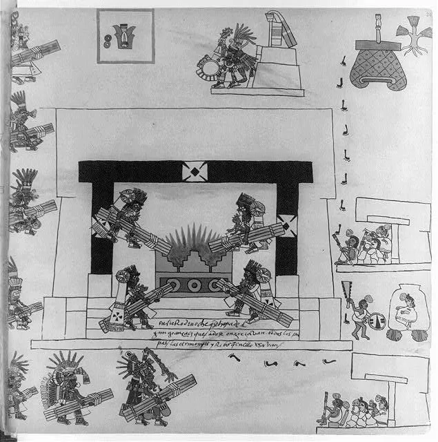 [Aztec priests bringing bound reeds for the sacred fire in the temple for the ceremony of the Burial of the Night]