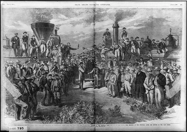[Completion of the Pacific Railroad - The Ceremony at Promonotory Point, Utah, May 10, 1869. The Locomotives Jupiter of the Central Line and 119 of the Union Line Meeting at the Junction after Driving of the last Spike]