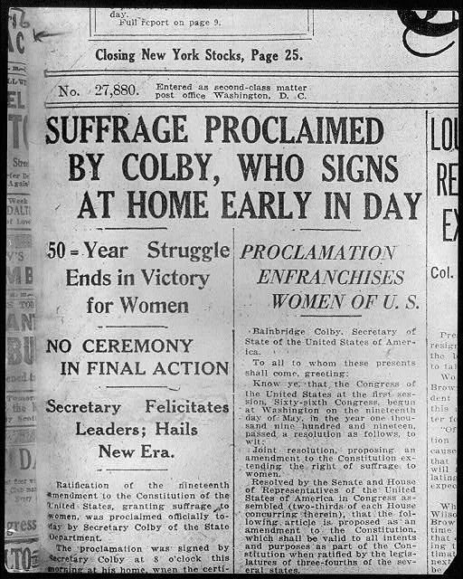 [Headline of Washington Evening Star, August 26, 1920: 