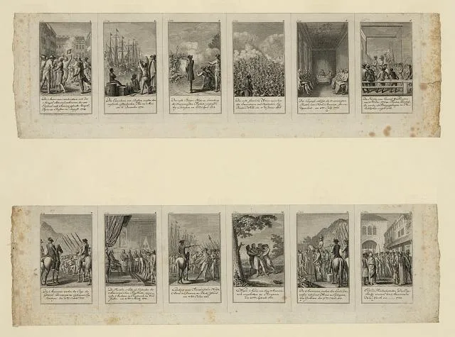 [Scenes from events and battles leading up to and during the American Revolution, 1775-1783, as depicted in 12 illustrations]