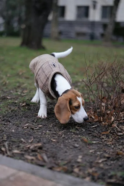 A beagle in a coat sniffing around bushes in a park during autumn.