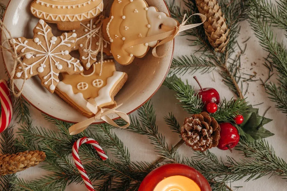 A cozy flatlay of Christmas cookies, pine cones, and candies for a festive holiday setting.