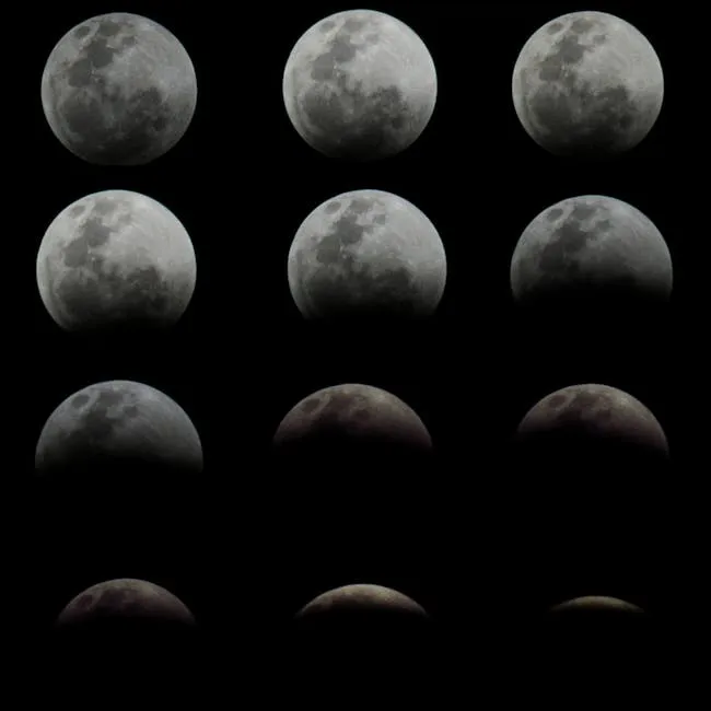A detailed sequence of the moon's phases showing gradual changes over time.