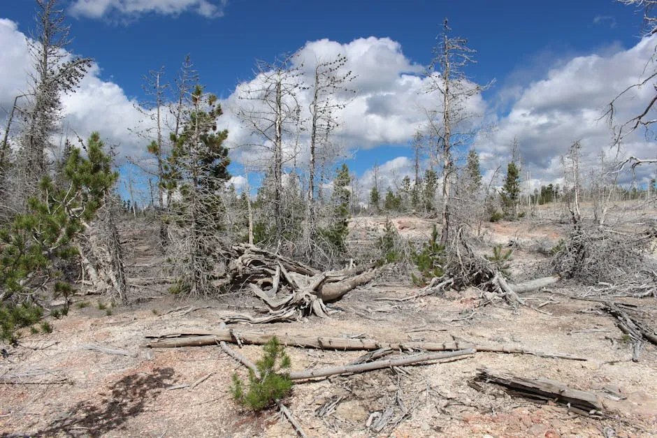Barren landscape with dead trees and dry, exposed soil showing environmental degradation.