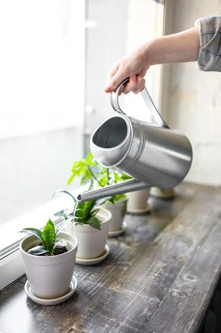 A hand watering indoor plants on a window sill using a metal watering can.