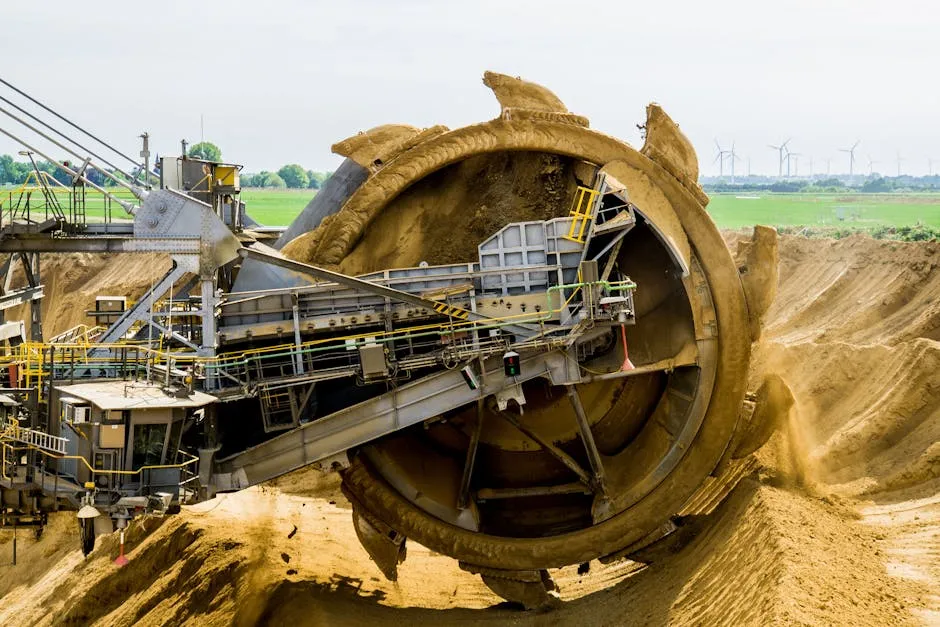 Industrial bucket-wheel excavator extracting earth in a large-scale open-pit mine.