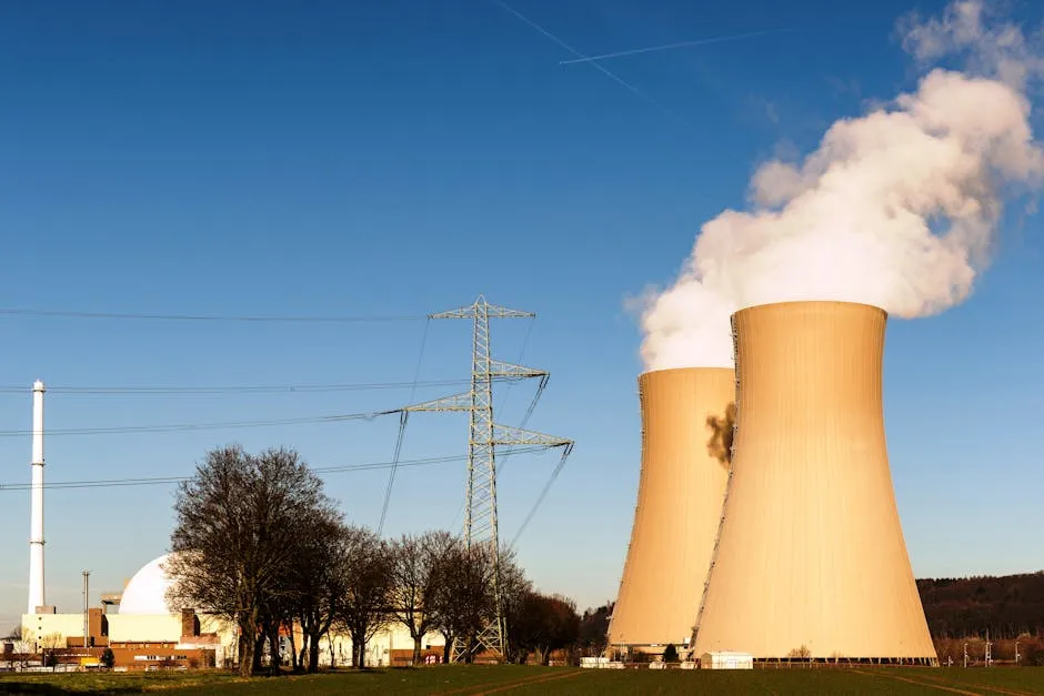 A nuclear power plant in Hameln, Germany, showcasing cooling towers and electricity pylons.