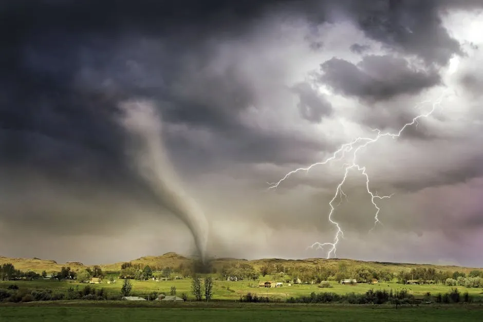 A powerful tornado and vibrant lightning striking over a rural countryside landscape.