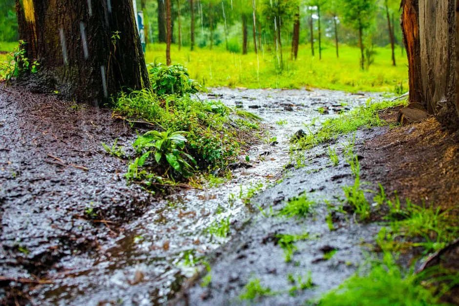 A serene rainy day in a lush forest in Estado de México, showcasing vibrant greenery and earthy tones.