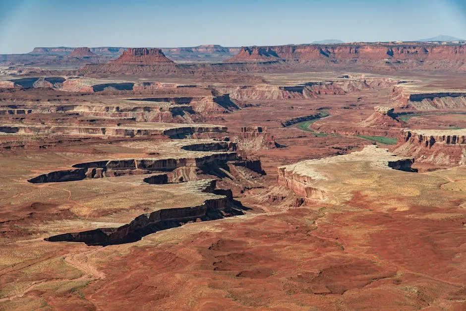 A stunning aerial view of the rugged canyons in Canyonlands National Park, Utah.