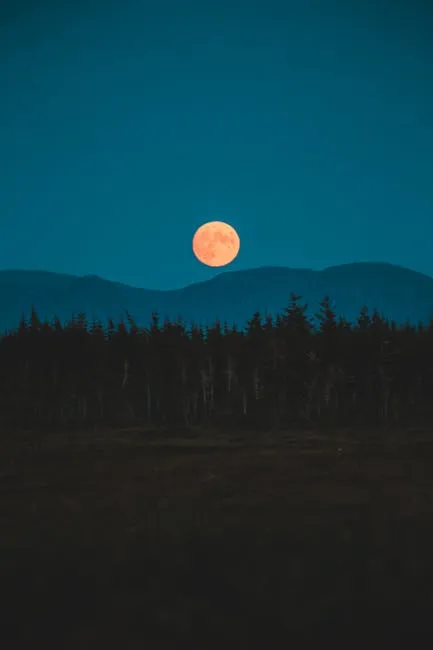 A vibrant full moon rises over a serene forest silhouetted against distant mountains.