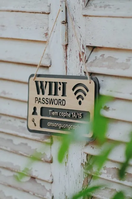 A wooden sign displaying WiFi login details on a rustic wall, surrounded by greenery.