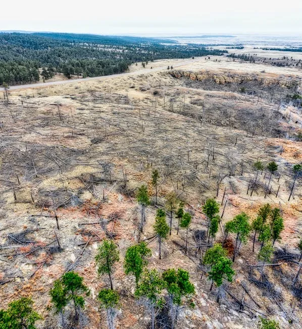 Stumps in a cleared forest showing the impacts of deforestation.