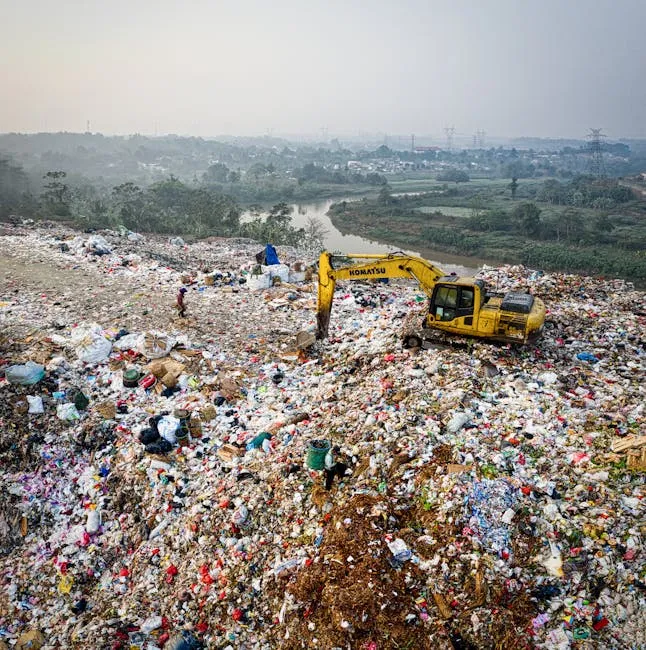 A yellow excavator moves garbage on a massive landfill, illustrating soil pollution.