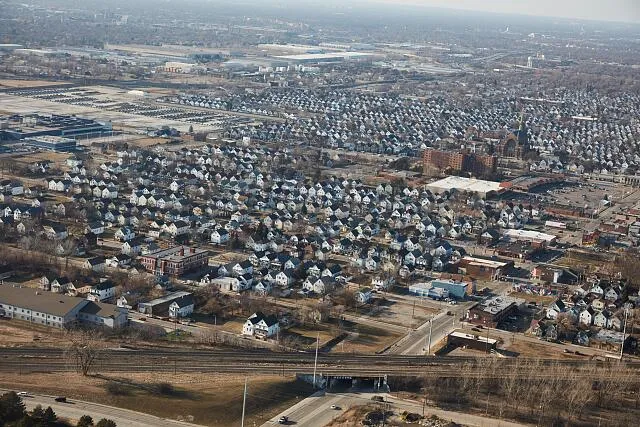 Aerial view of a large neighborhood of nearly identical houses in Hamtramck, Michigan, next to Detroit 