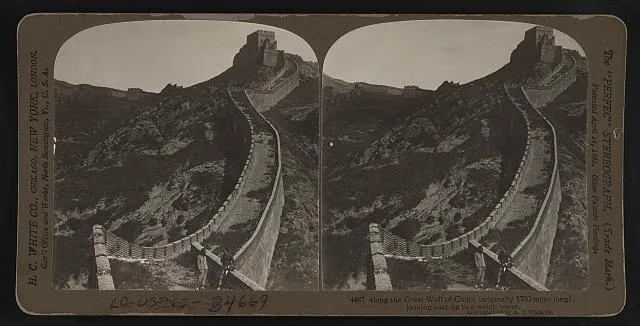 Along the Great Wall of China (originally 1700 miles long) looking east up to a wall tower
